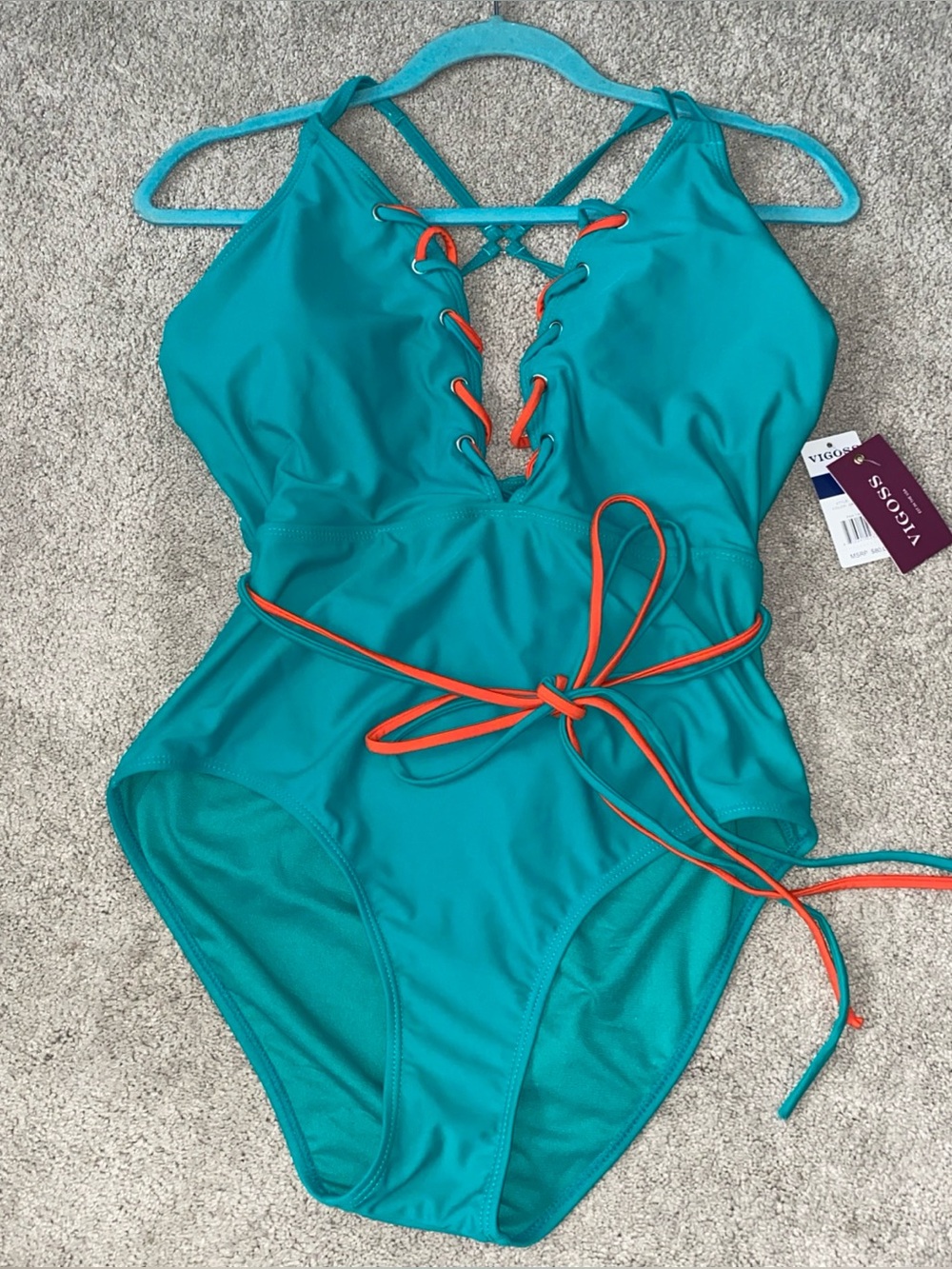 Vigoss Size Large One Piece Swimsuit Green Plunge Neckline Orange Accents NWT